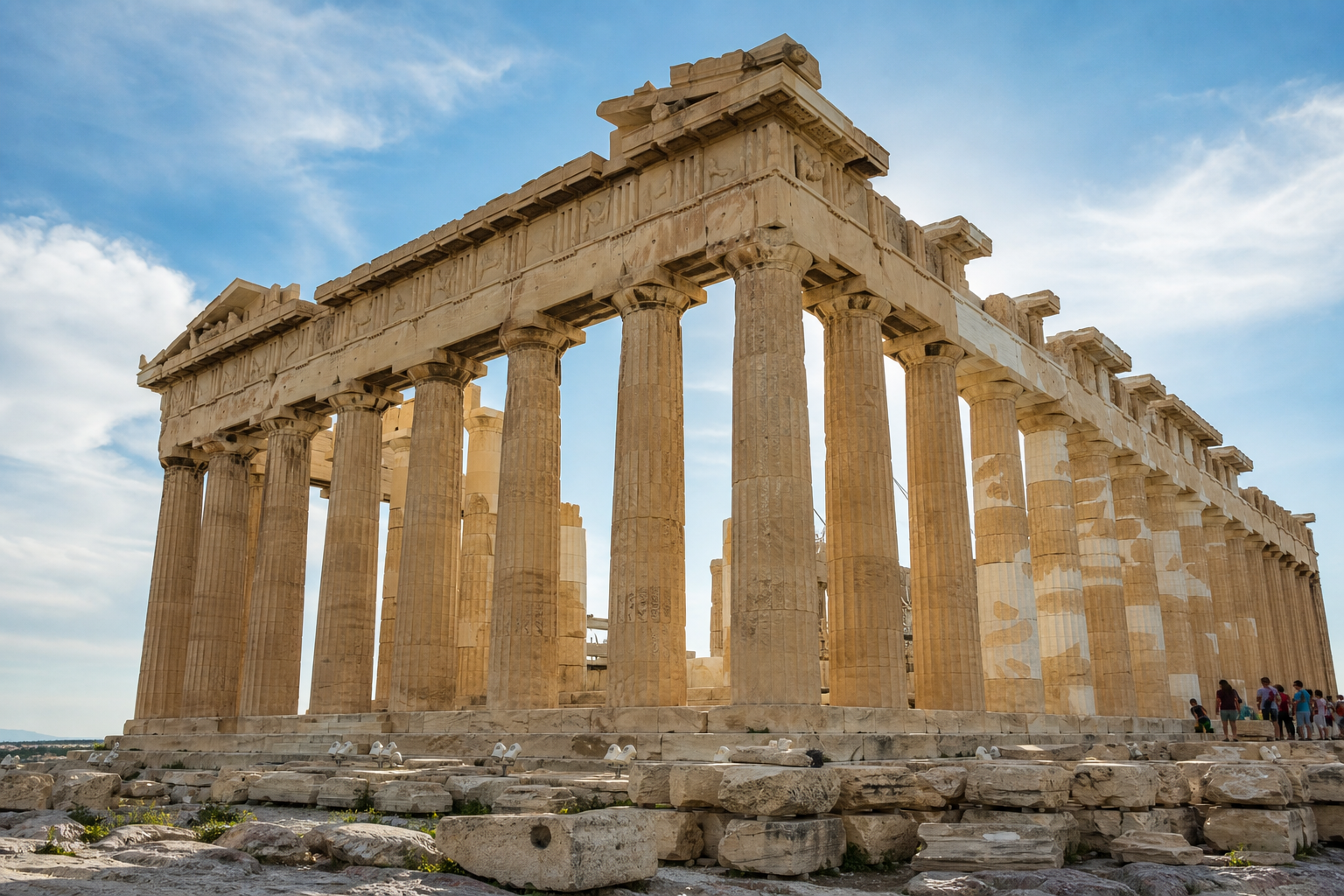 The marble Doric columns of the Parthenon on the Acropolis of Athens