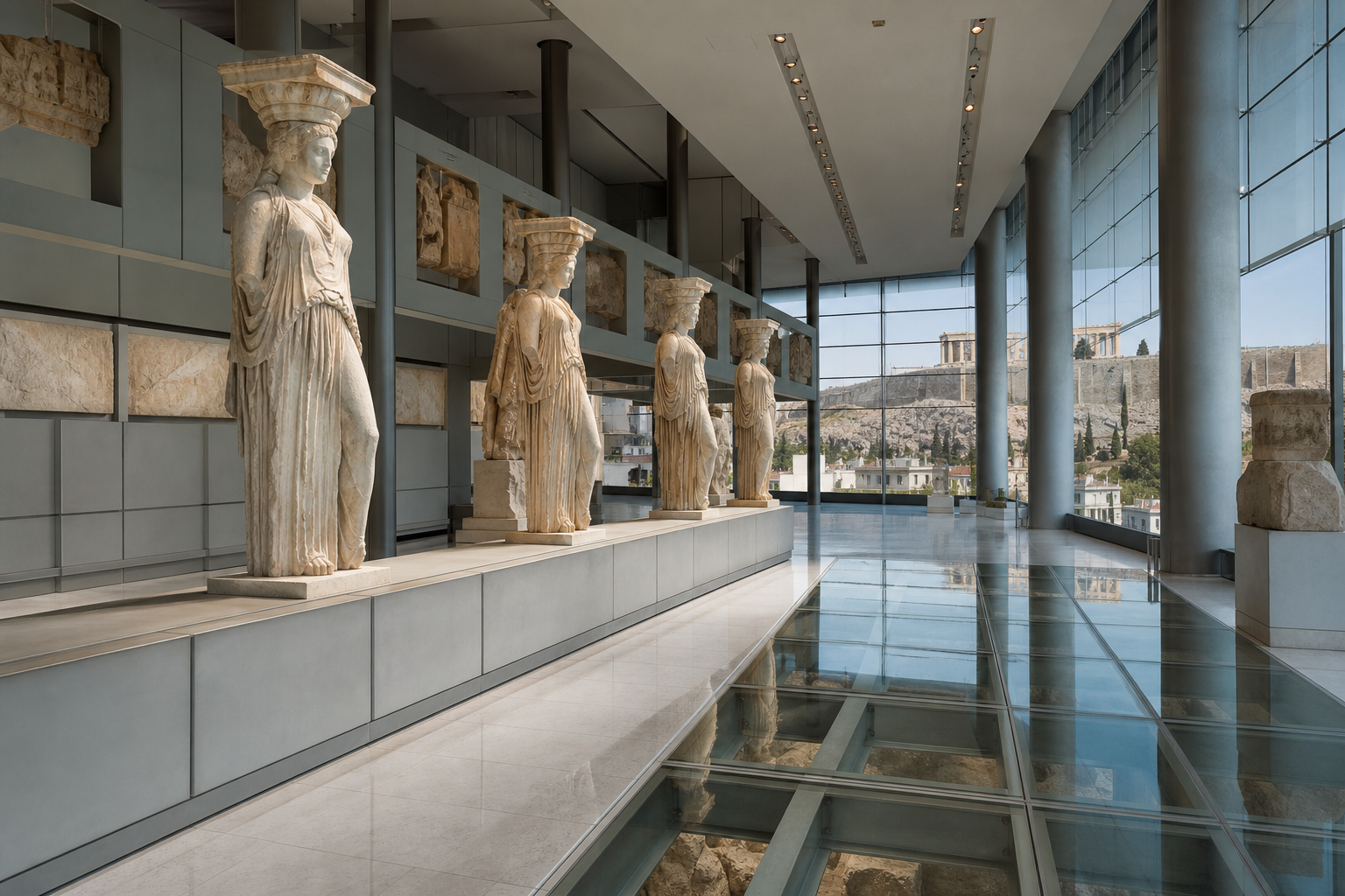 The Caryatids and glass galleries inside the Acropolis Museum in Athens