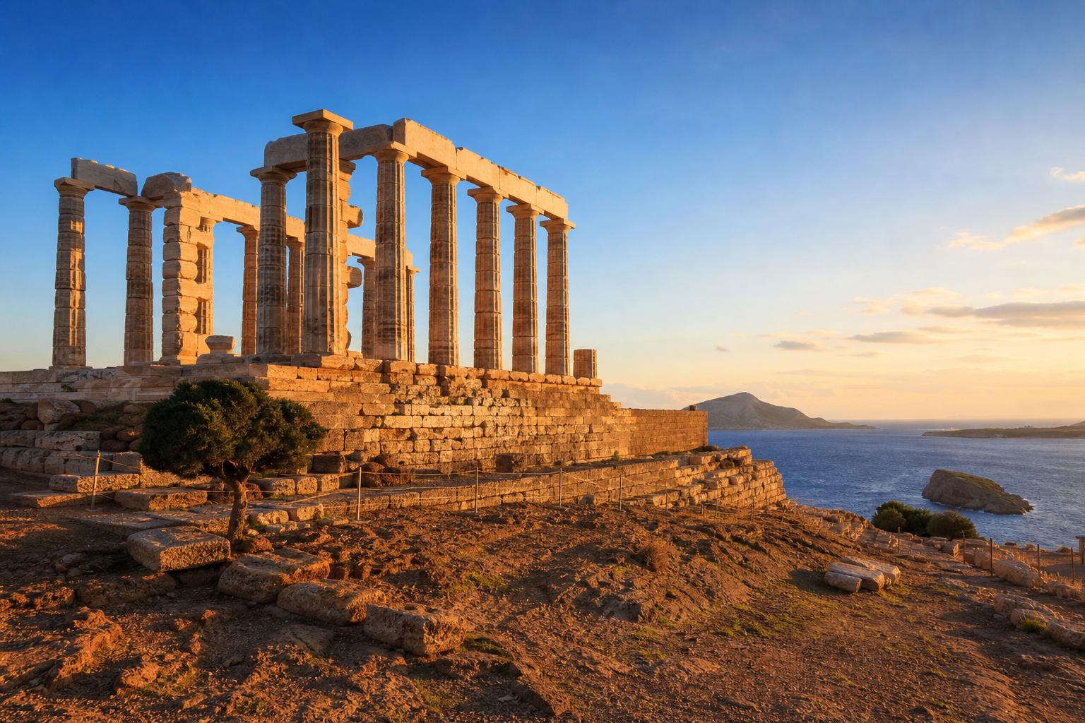 The Temple of Poseidon at Cape Sounion above the Aegean Sea at sunset