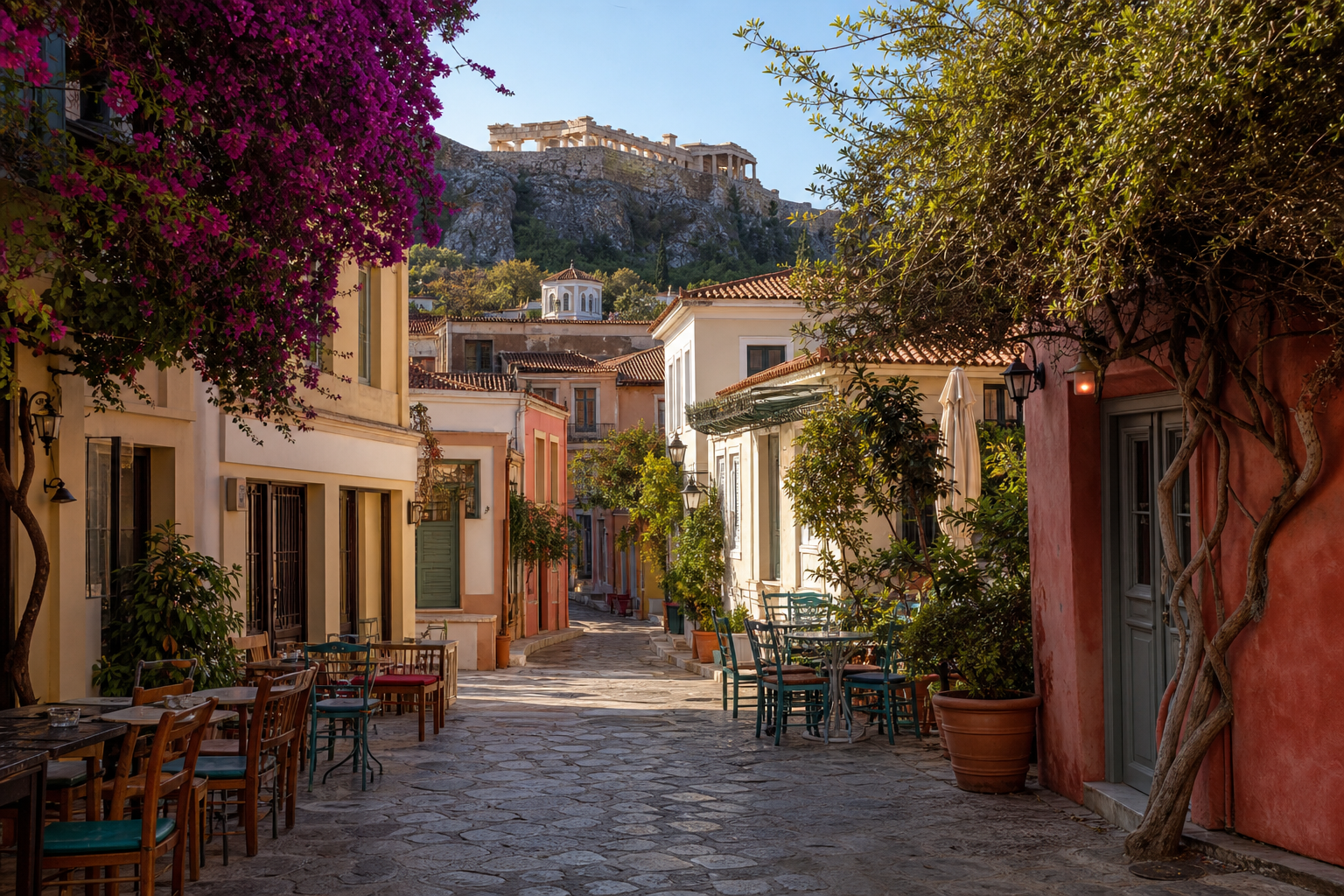 A cobbled street of the Plaka old town in Athens beneath the Acropolis